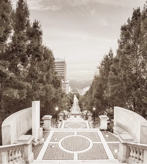 View from an ornate tiled staircase flanked by trees, overlooking a distant city street.