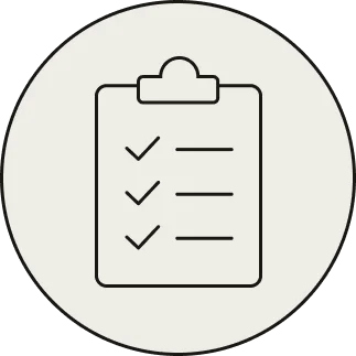 Icon of a clipboard with three check marks and lines, in black on a light gray circle background.