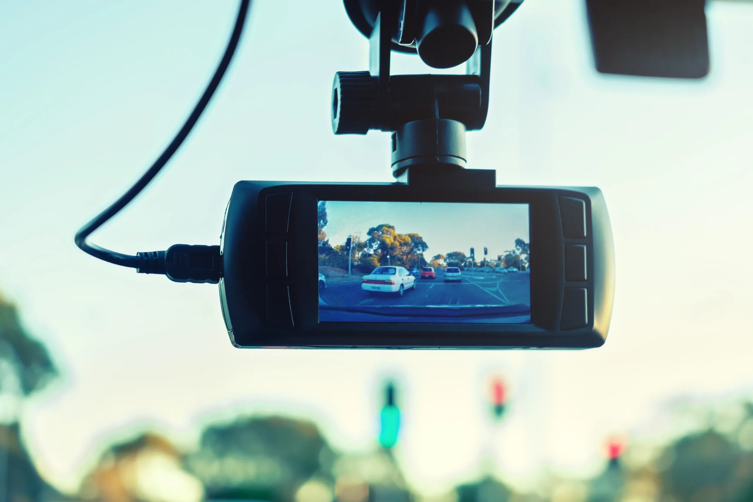 Dashboard camera mounted on a vehicle windshield showing a traffic scene with cars and traffic lights.